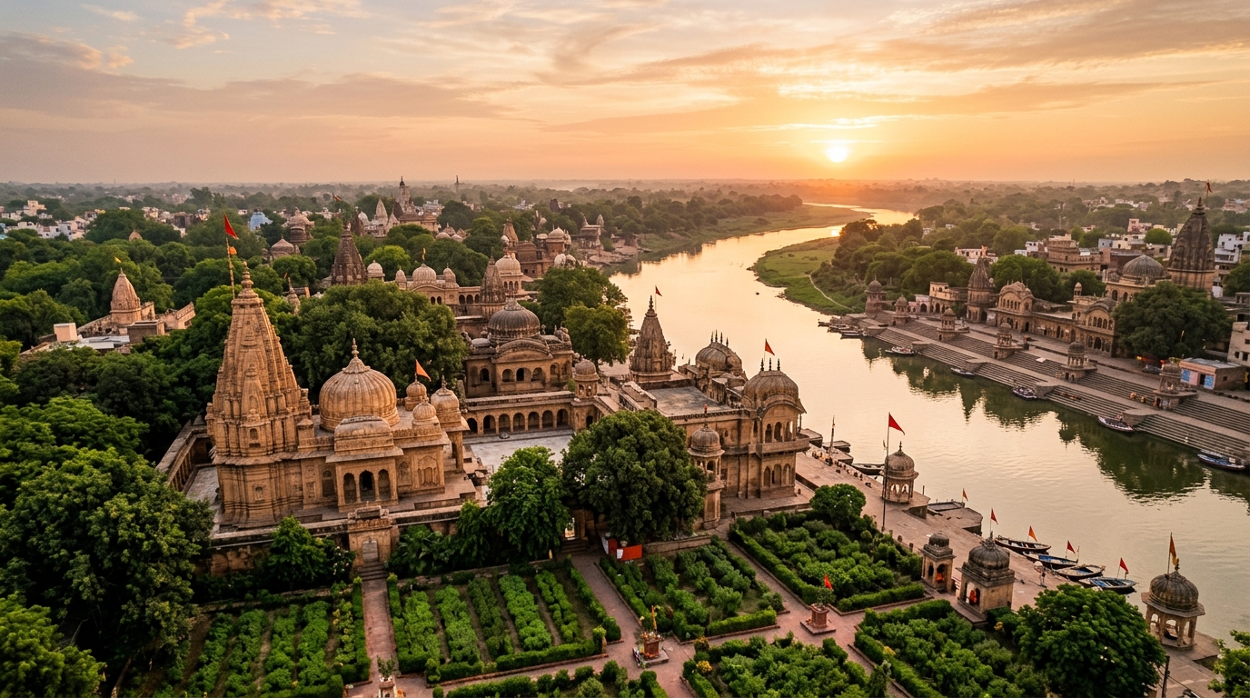 Golden sunrise over Sri Dham Vrindavan temples
